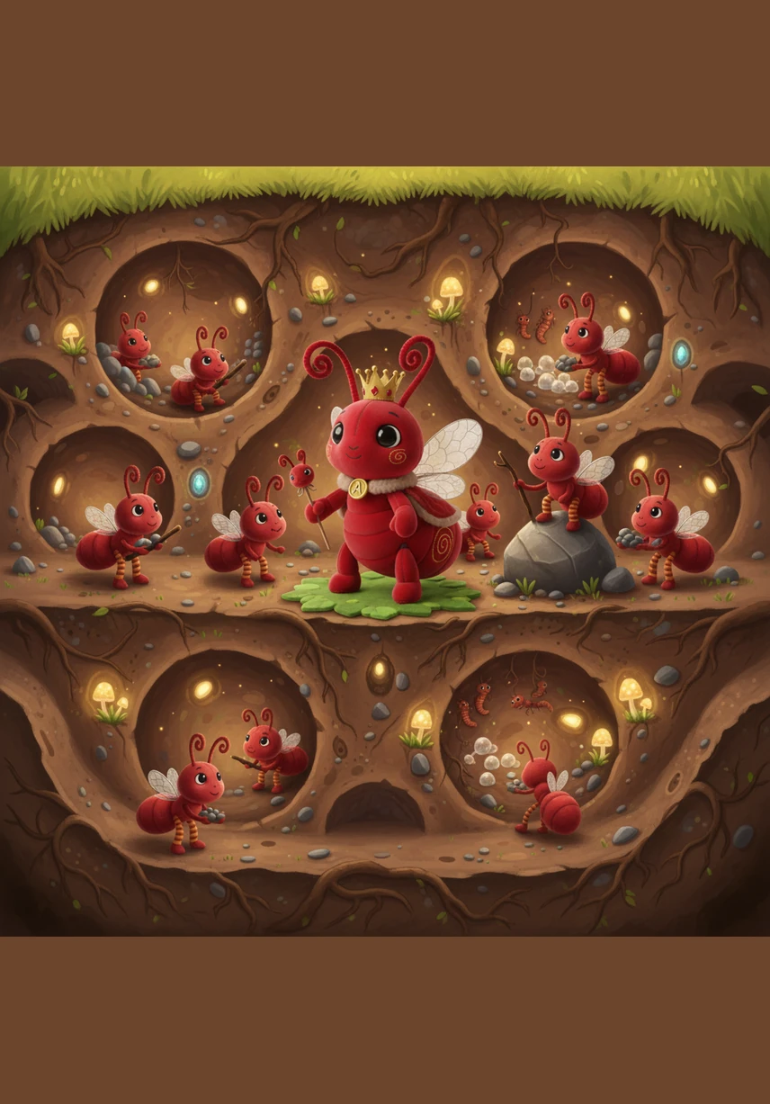 The colony begins a grand construction project, digging winding tunnels deep into the earth. Together, the ants move grain after grain of sand, creating a complex labyrinth that stretches far beneath the meadow surface.