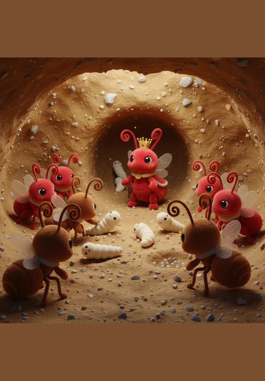 At the heart of the nest lies the nursery, a soft and quiet chamber where the next generation sleeps. Here, worker ants gently groom the larvae and keep the eggs safe and warm in the golden-brown soil.