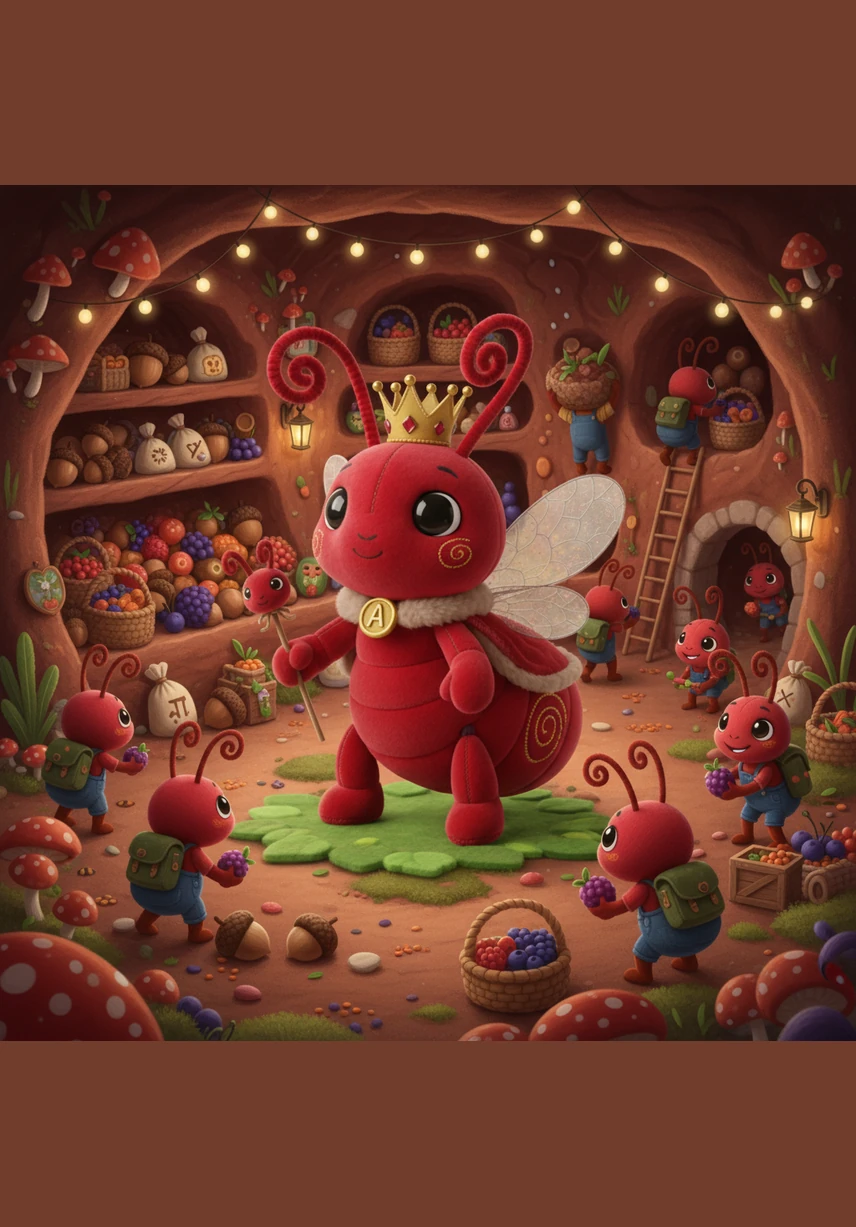 Nearby, the pantry overflows with treasures gathered from the world above. Seeds, sweet nectar drops, and tiny crumbs are organized into neat piles to ensure the colony is well-fed through every season.