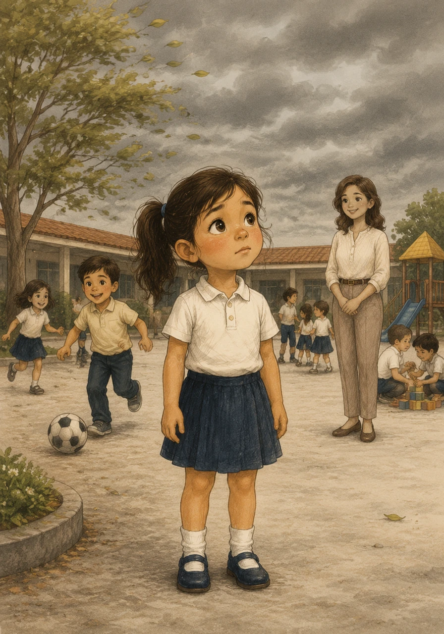 En el patio del Jardín de Niños Pedro Villanueva Corona, los pequeños juegan alegremente bajo un cielo que hoy luce inusualmente gris y apagado. Sofía, con una mirada de curiosidad y preocupación, observa el horizonte mientras un viento suave agita las hojas de los árboles cercanos.