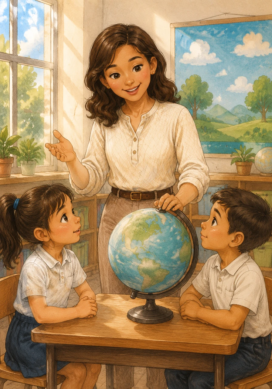 Dentro del salón de clases, iluminado por la luz del día, la Maestra Ana explica con dulzura la importancia del aire limpio usando un gran globo terráqueo. Sofía y Mateo escuchan con total atención, listos para descubrir cómo pueden convertirse en protectores de su entorno.