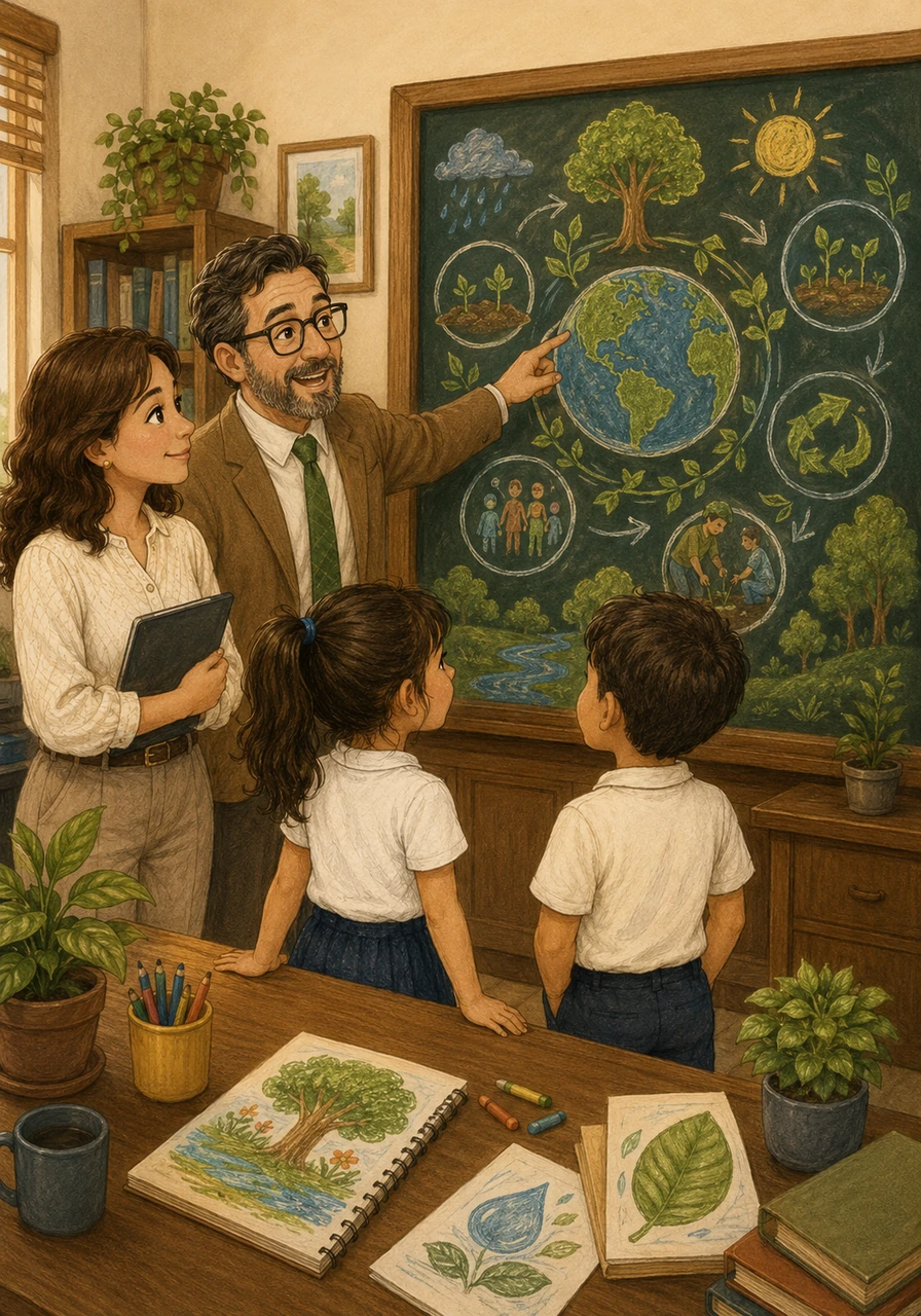 El Director de la escuela se reúne con los maestros en una oficina acogedora, señalando un pizarrón lleno de ideas brillantes para un nuevo proyecto ecológico. Juntos trazan un plan lleno de color para involucrar a toda la comunidad escolar en el cuidado de la naturaleza.