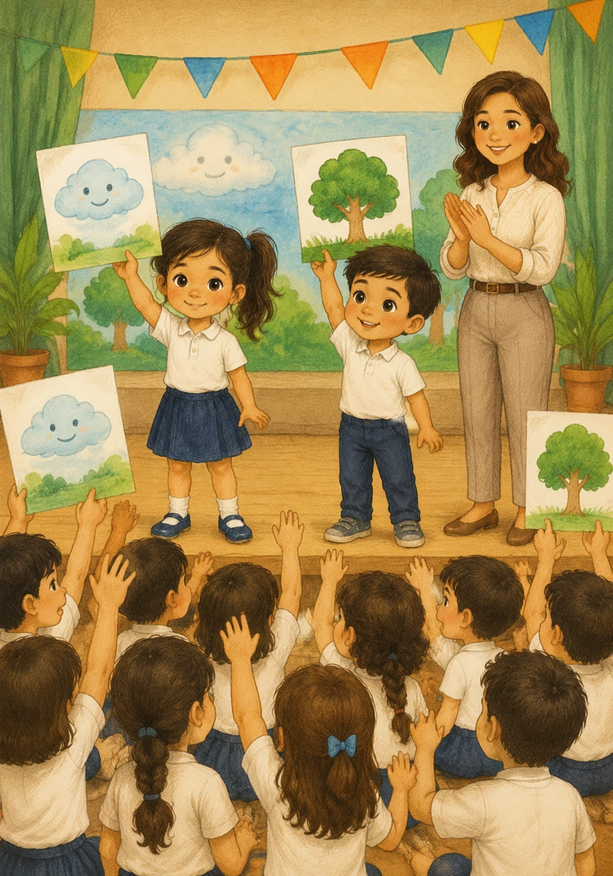En una colorida asamblea escolar, los niños sostienen carteles con dibujos de nubes felices y árboles verdes, celebrando el inicio de su gran misión. El entusiasmo se contagia entre todos los estudiantes, quienes levantan las manos ansiosos por participar como verdaderos guardianes.