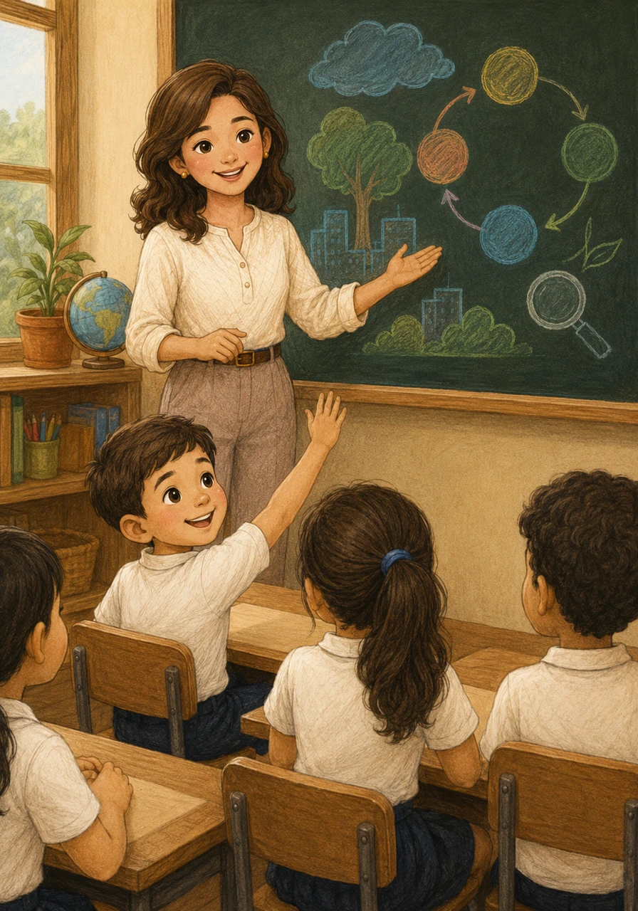 La Maestra Ana muestra en el pizarrón divertidas gráficas y dibujos interactivos que explican el Proyecto Basado en Problemas. Mateo levanta la mano con una gran sonrisa, emocionado por descubrir las herramientas científicas que usarán para medir la calidad del aire.