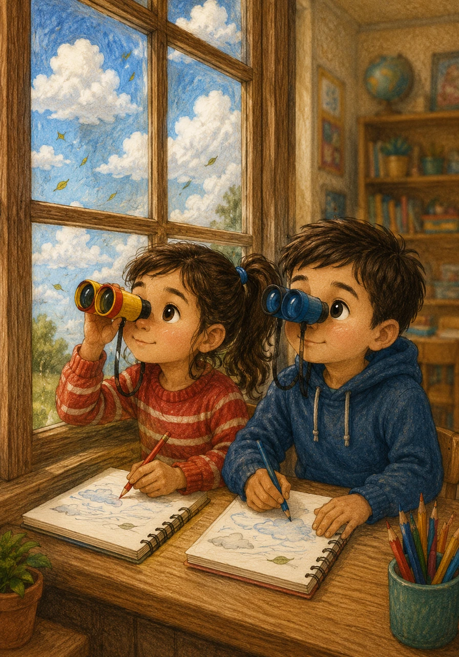Sofía y Mateo se asoman por la ventana del salón usando coloridos binoculares de juguete para observar el cielo y registrar el clima en sus cuadernos. Con lápices de colores, anotan minuciosamente cada detalle de las nubes y el viento del día.