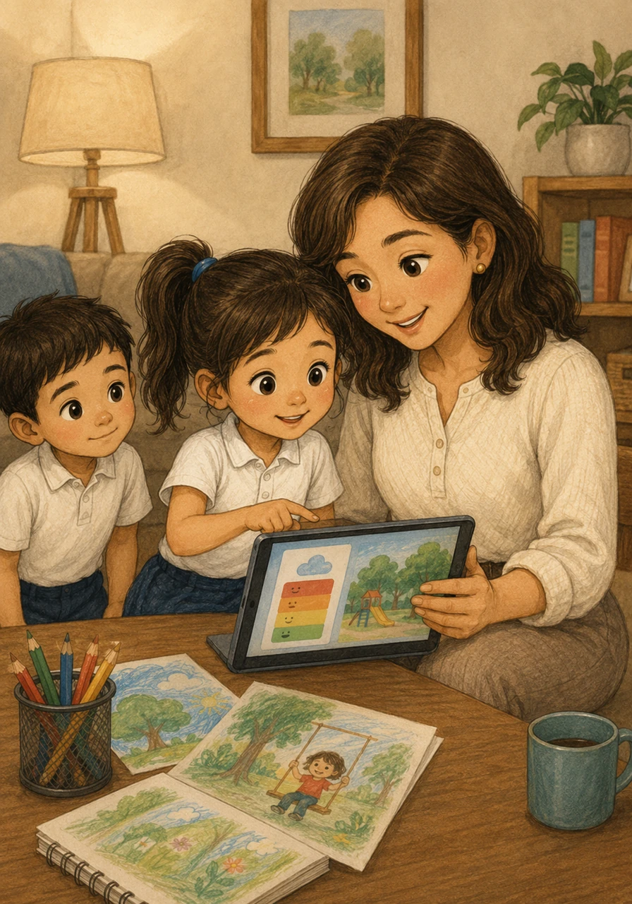 En la calidez de su hogar, Sofía comparte sus dibujos y aprendizajes con su mamá mientras revisan juntas una tableta digital. La madre sonríe con orgullo al ver cómo su hija le enseña a verificar la calidad del aire antes de salir a jugar al parque.
