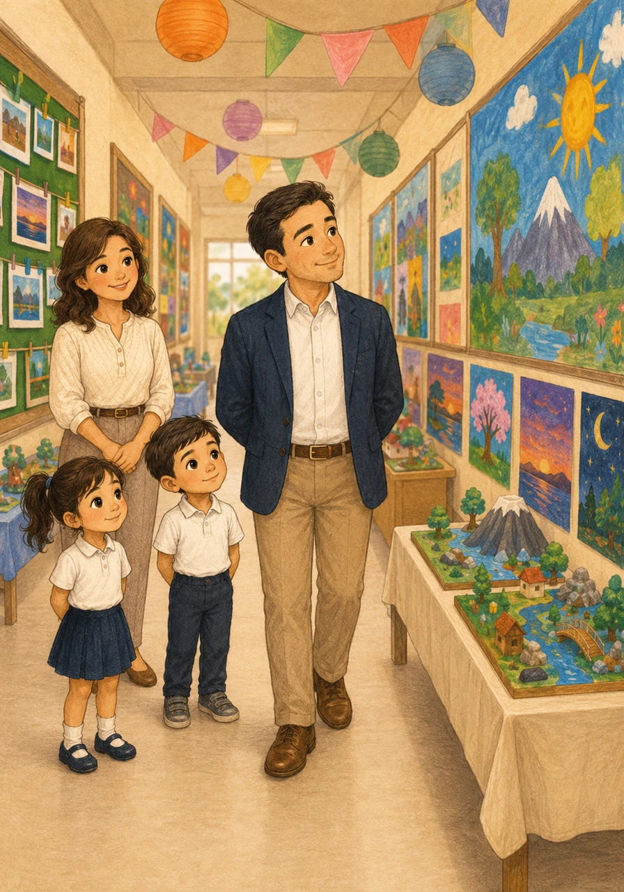 Los pasillos del jardín de niños se transforman en una hermosa galería de arte llena de murales, fotografías y maquetas creadas por los alumnos. El Director camina por el pasillo observando con admiración las evidencias del gran esfuerzo y dedicación de los pequeños.