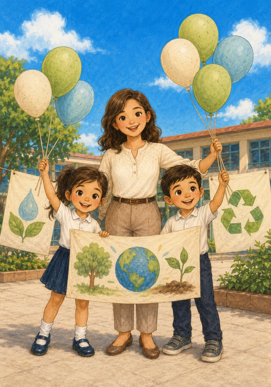 Al finalizar el ciclo escolar, el cielo vuelve a brillar con un azul intenso sobre el patio de la escuela. Sofía, Mateo y la Maestra Ana celebran con globos biodegradables y pancartas que muestran los maravillosos resultados de su gran meta lograda.
