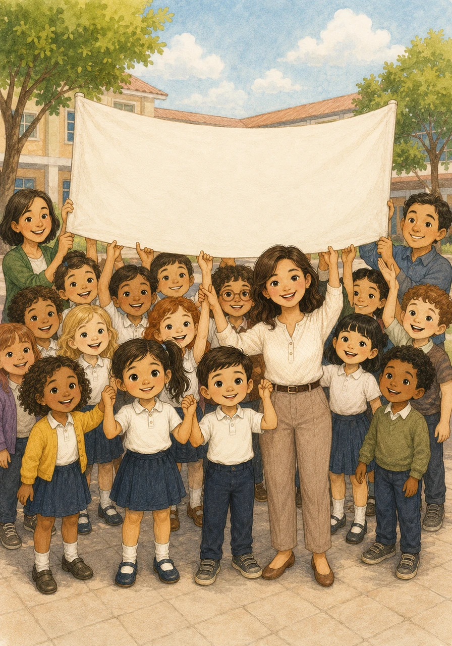 Todos los niños y maestros se reúnen en el patio tomados de la mano, sonriendo con orgullo y sosteniendo un gran letrero que celebra a los Guardianes del Aire. Su unión y esfuerzo han demostrado que el trabajo en equipo puede transformar el mundo y asegurar un futuro saludable.