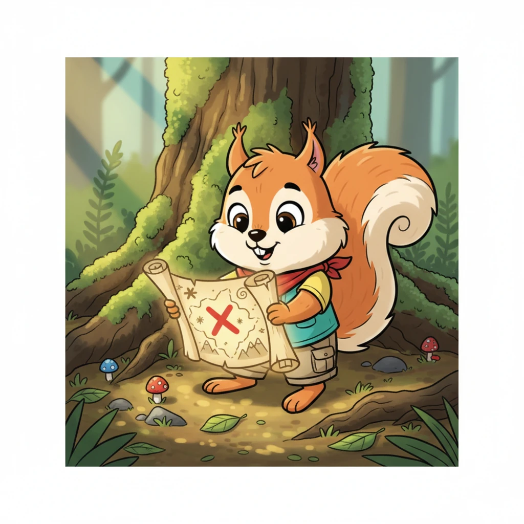 Rusty the squirrel, with bright, curious eyes, scampers through the sun-dappled forest. He spots a peculiar, rolled-up parchment tucked beneath a mossy root, glowing faintly. With a twitch of his nose, he carefully unrolls it to reveal an old, crinkly map marked with whimsical symbols and a big, red 'X'.