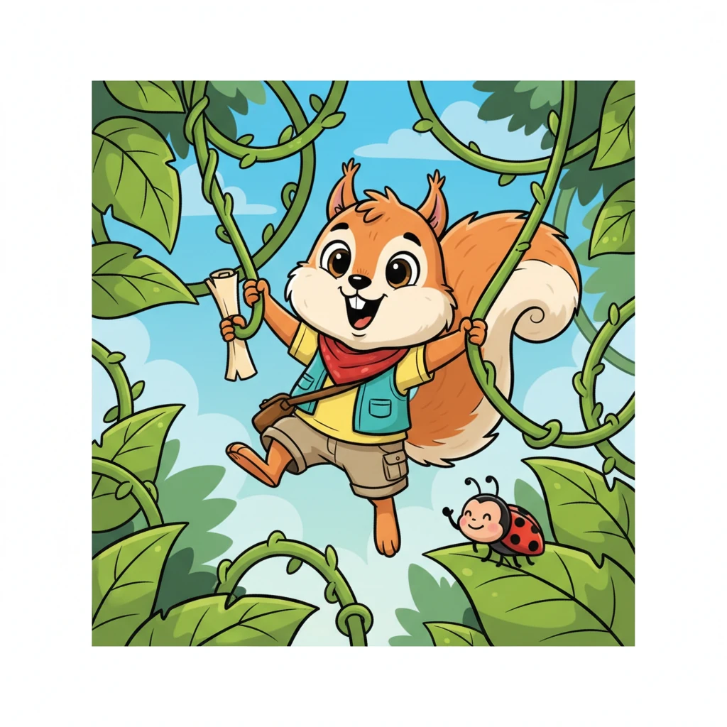 With the map clutched tight, Rusty sets off, his bushy tail held high like a flag. He navigates through a tangle of giant, looping vines, leaping and swinging with joyful abandon. A friendly ladybug waves from a leaf as he zips past, full of energy.