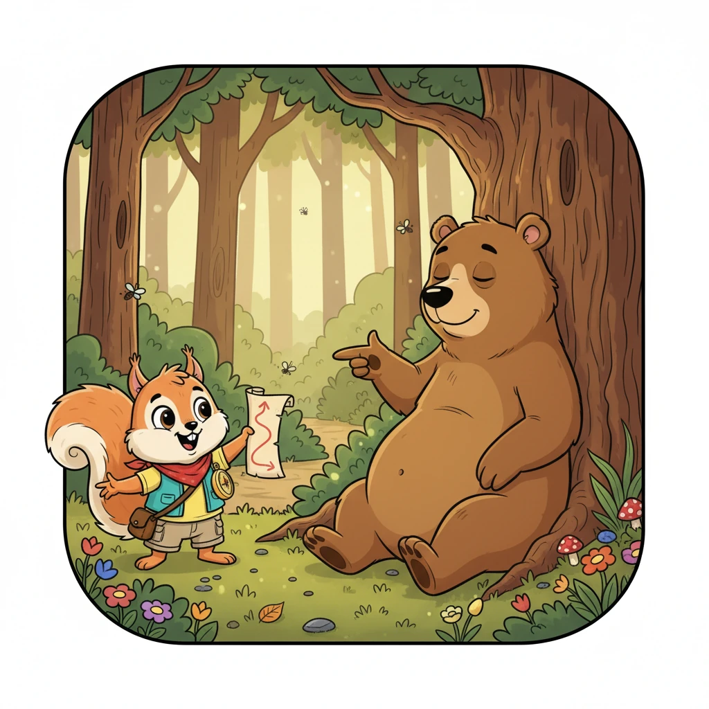 Deeper in the woods, Rusty encounters Barnaby Bear, a big, sleepy bear with a gentle smile, napping near a towering oak. Barnaby points a massive paw towards a hidden path behind the tree, a path clearly marked on Rusty's map, offering a sleepy grunt of encouragement.