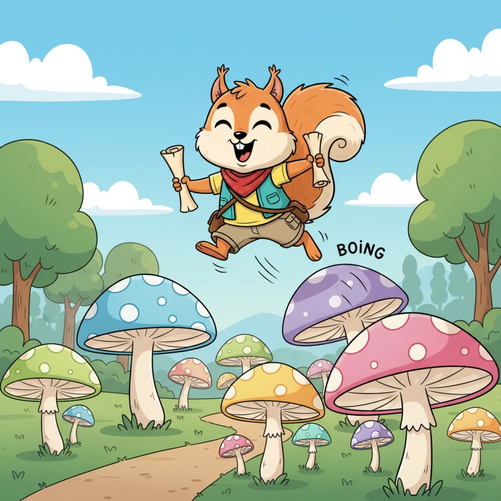 Rusty follows the hidden path, which leads him to a vibrant field of bouncy, rainbow-colored mushrooms. He giggles as he springs from one to another, his leaps growing higher and higher. Each mushroom makes a comical 'boing' sound as he lands.