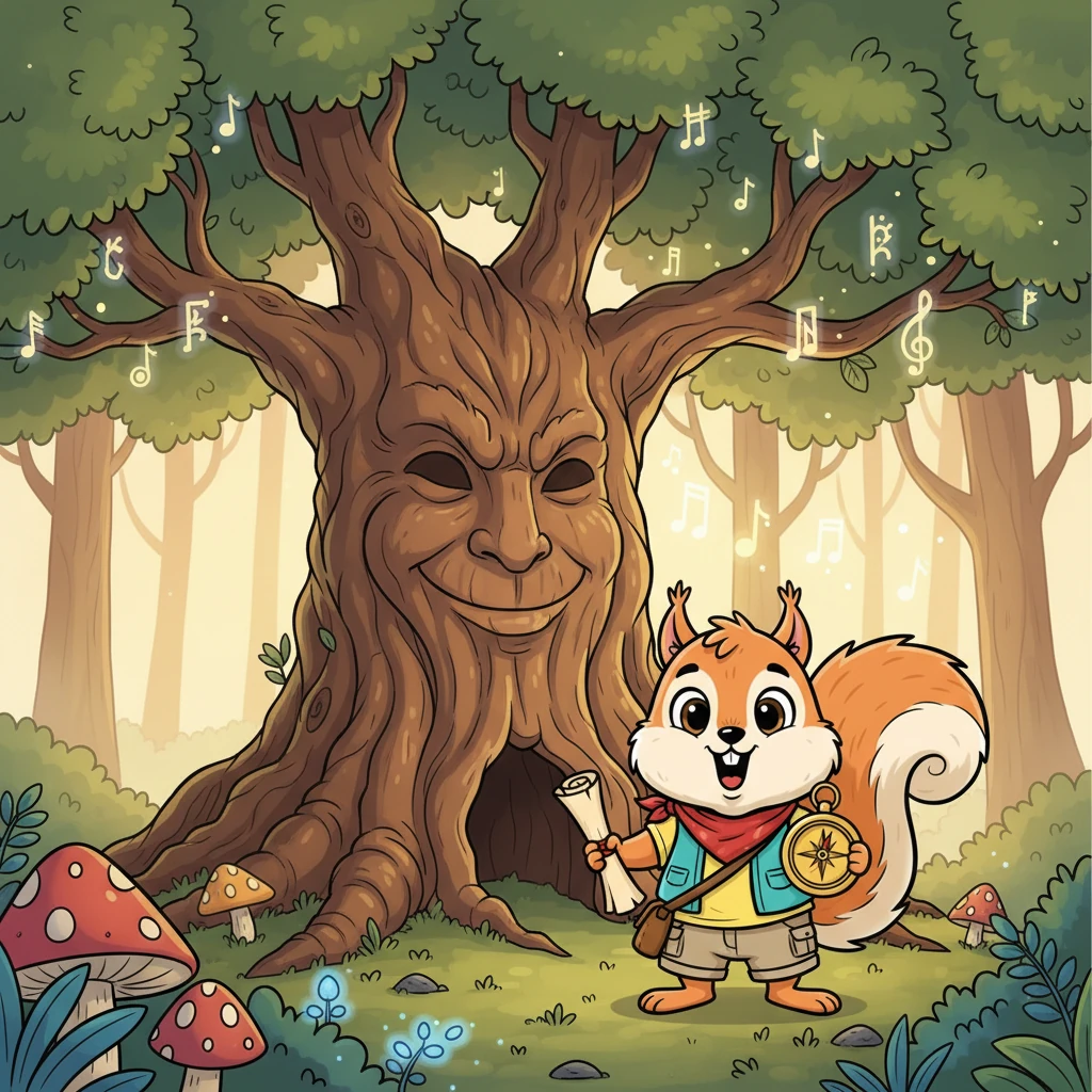 After a thrilling mushroom bounce, Rusty spots a colossal, ancient tree with a twisted, gnarled trunk that looks exactly like the 'Whispering Willow' marked on his map. Its branches seem to gently sway and hum a soft tune, guiding him onward.