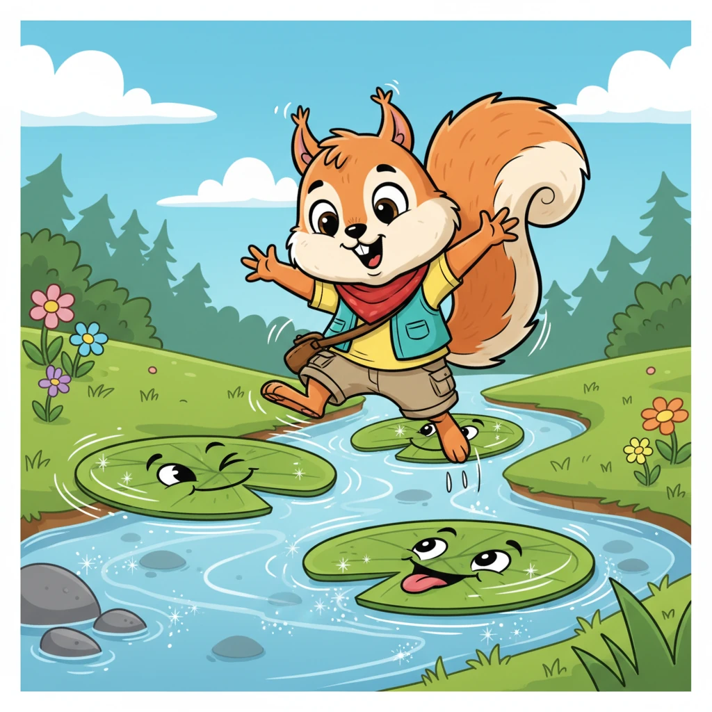 The map leads Rusty to a sparkling stream, but the only way across is a line of wobbly lily pads. Each pad has a different, funny face, and they spin playfully as Rusty carefully hops across, trying to keep his balance with exaggerated wiggles.