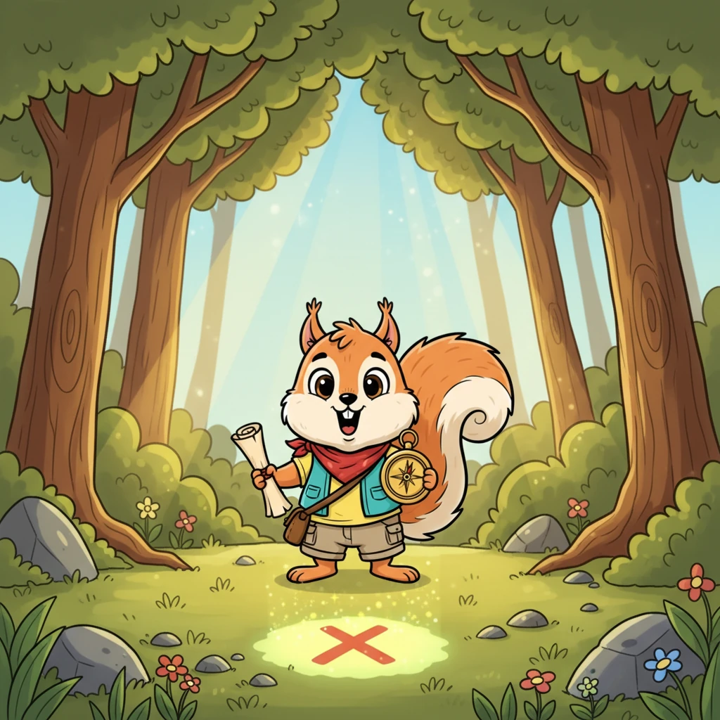 Finally, Rusty reaches a small, sunlit clearing, exactly where the 'X' on his map indicates. A patch of soft, glowing earth seems to beckon him with a gentle shimmer. He takes a deep breath, his heart thrumming with anticipation for what lies beneath.