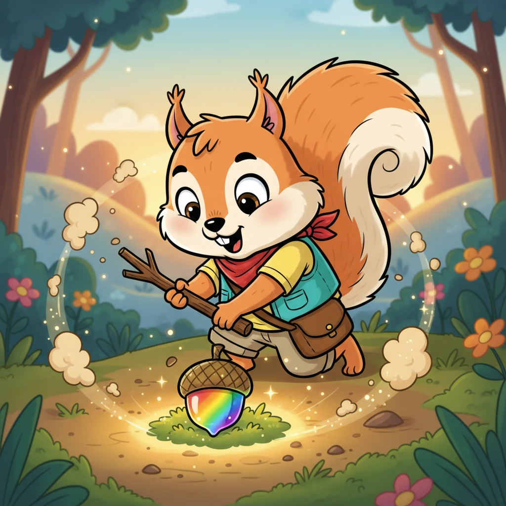 With a tiny, sturdy stick, Rusty carefully digs into the glowing earth, sending comical puffs of dirt into the air. Instead of gold, he uncovers a beautifully polished acorn, shimmering with all the colors of the rainbow, nestled in a bed of soft moss. It's the most magnificent acorn he's ever seen!