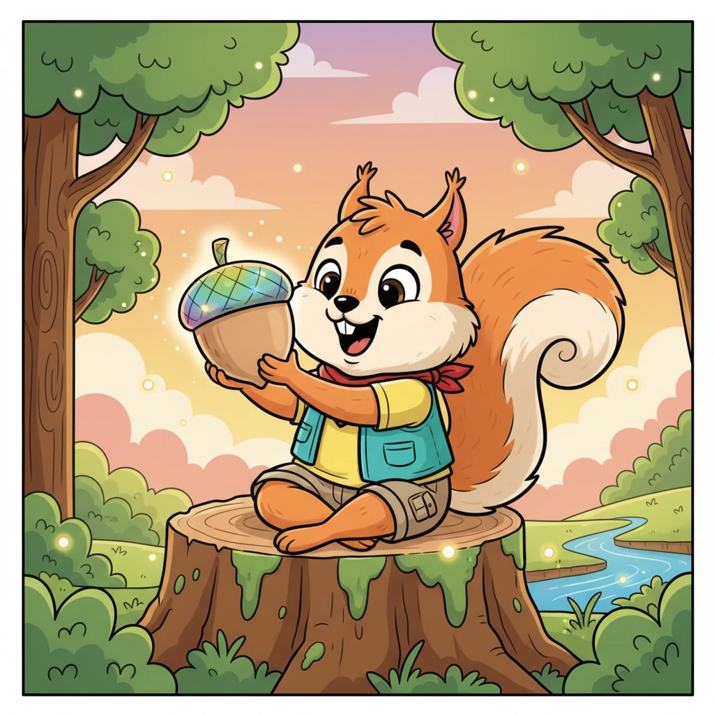 Overjoyed, Rusty holds his magical rainbow acorn high, a wide, triumphant grin on his face. He knows this isn't just an acorn; it's a reminder of a wonderful adventure and the joy of discovery. He settles down to admire his unique treasure, already dreaming of future explorations.