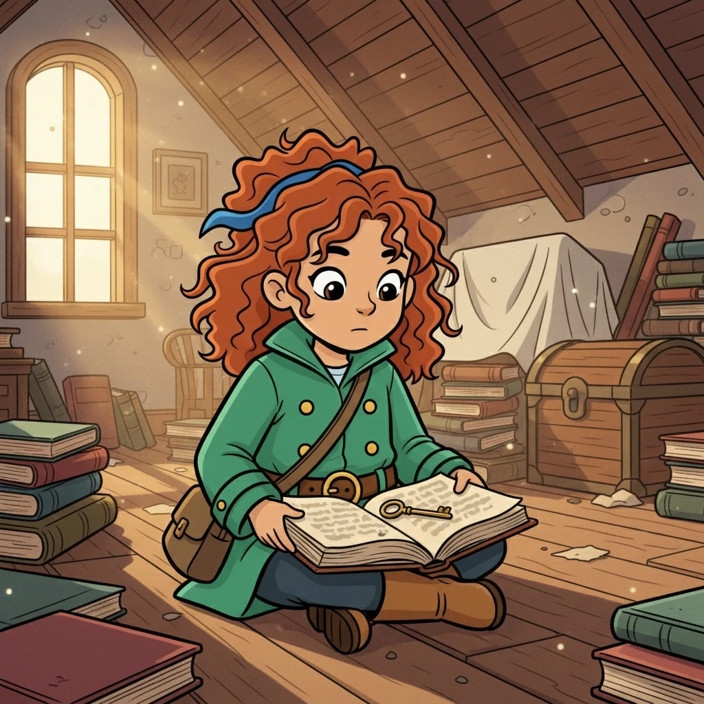 Lila, a curious thirteen-year-old, sat in her grandmother's sun-drenched attic, surrounded by stacks of old books. She carefully opened her grandmother's favorite storybook, its pages brittle with age, and there, nestled within, was a small, tarnished brass key.