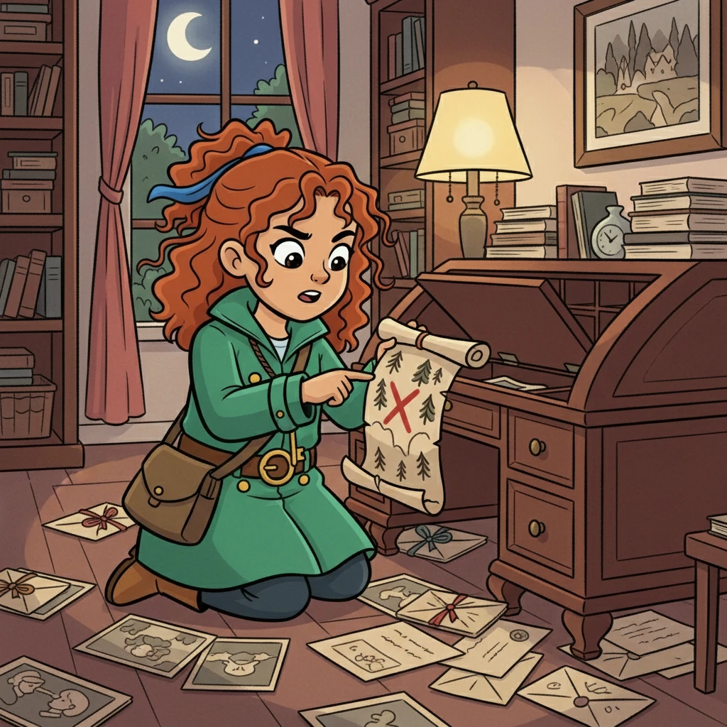 Lila began her search, poring over old family photographs and letters, hoping to find a clue. She discovered a hidden compartment in an antique desk, revealing a faded map with a forest marked with an 'X'.