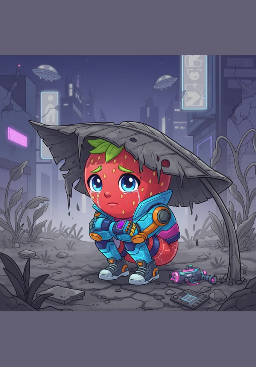 Petite Fraise, accroupie sous une feuille desséchée, pleurait en silence car elle ne reconnaissait plus les rires éclatants d'autrefois. Autour d'elle, les couleurs vives du jardin s'effaçaient pour laisser place à un gris poussiéreux et une tristesse infinie.