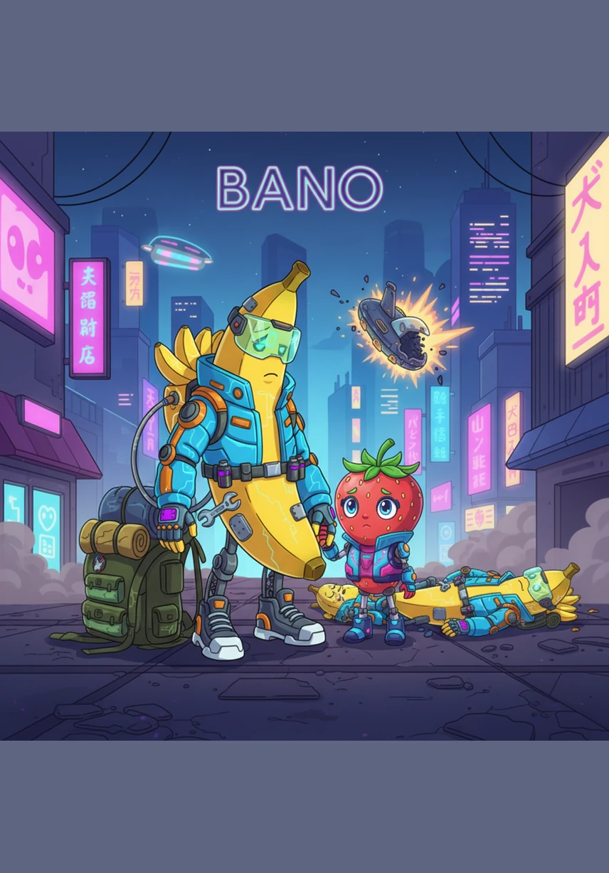 Bano, une banane autrefois pleine d'énergie, regarda avec une profonde tristesse ses amis tombés au sol, devenus silencieux pour toujours. Refusant de baisser les bras malgré la fatigue, il décida de partir à l'aventure avec Petite Fraise pour trouver une solution.