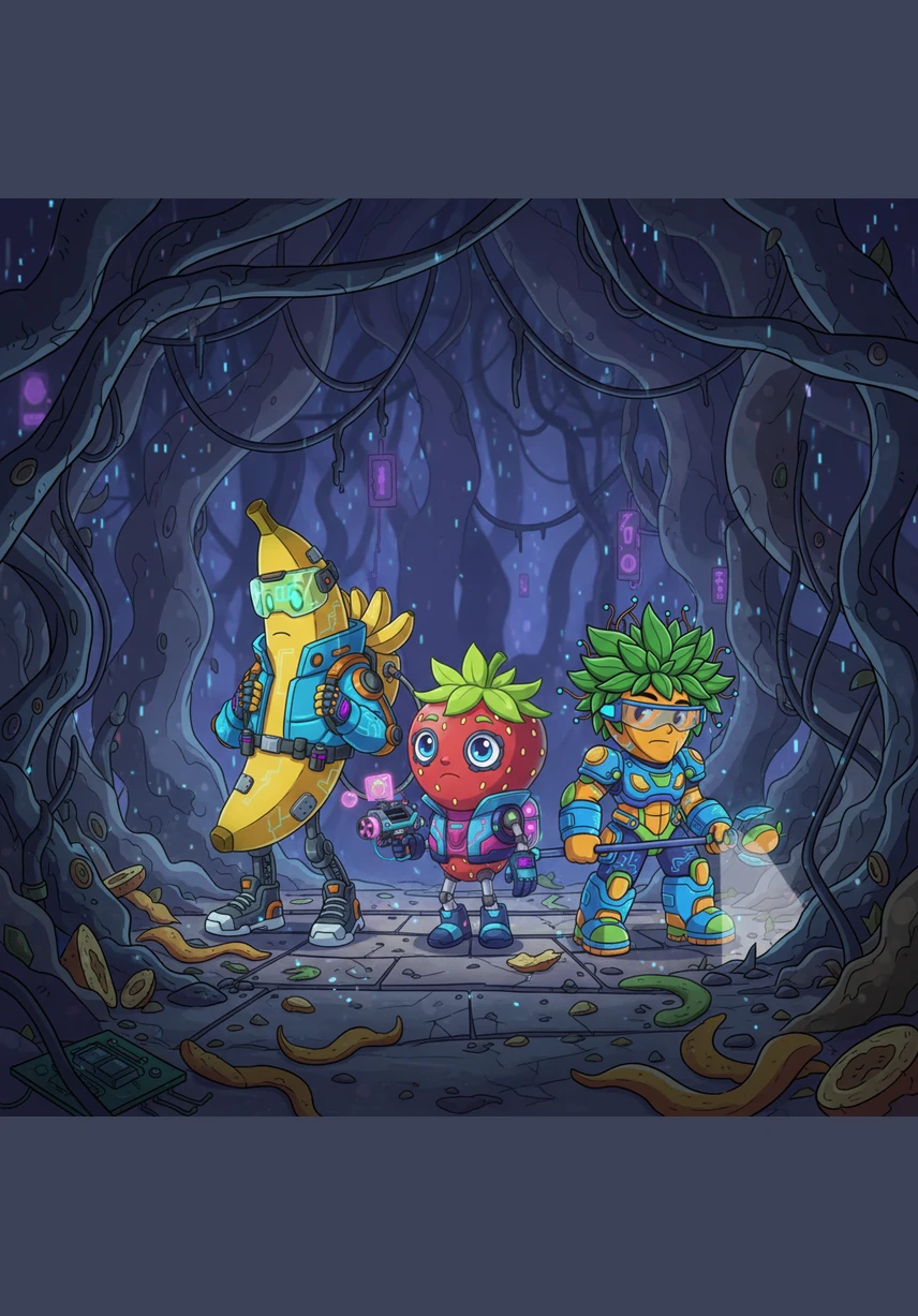 Ils s'enfoncèrent ensuite dans la Forêt des Épluchures, un endroit sombre et froid où les ombres semblaient dévorer le peu de lumière restant. Le silence y était si lourd qu'il pesait sur leurs épaules comme un manteau de plomb, étouffant leurs derniers espoirs.