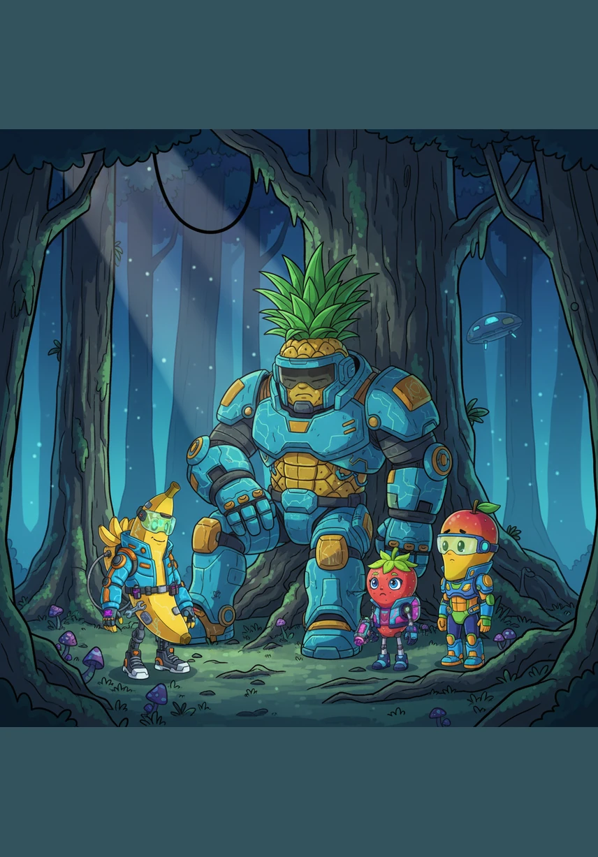 Au cœur de la forêt, ils rencontrèrent le puissant Ananas, autrefois le fier gardien du jardin, qui reposait désormais sans force contre un vieux tronc. Même lui, malgré sa stature imposante, n'avait plus le courage de lutter contre l'oubli qui rongeait leur monde.