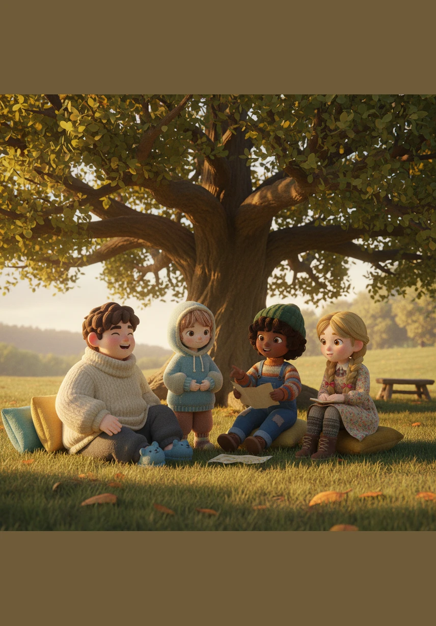 Under the sprawling branches of their favorite old oak tree, JJ, Kyle, Siassal, and Miriana shared stories and laughter. The golden afternoon sun filtered through the leaves, casting a warm glow over the four inseparable friends as they planned their next adventure. JJ looked around at the group, feeling a deep sense of belonging in their shared world.