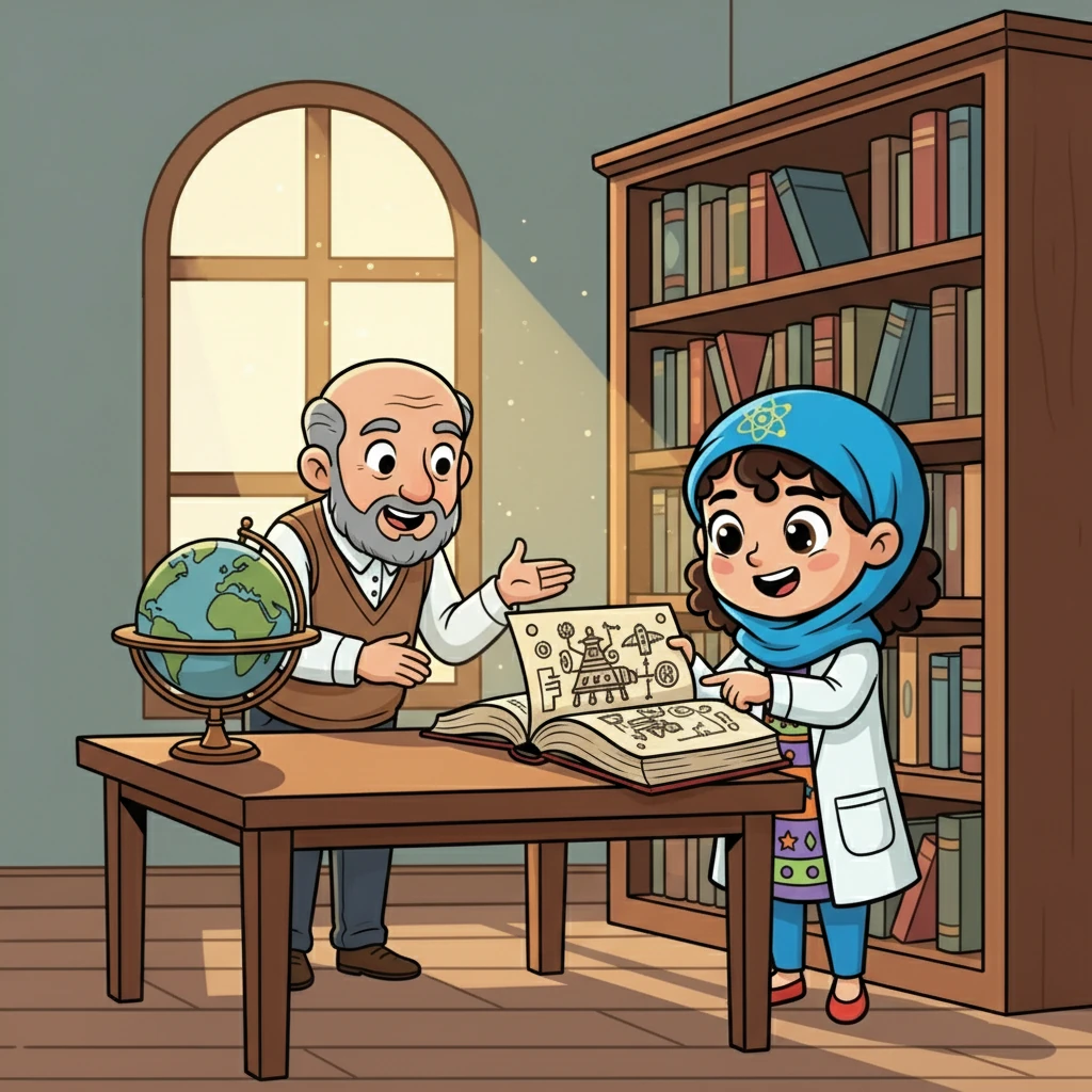 ذات يوم، بينما كانت نور تتصفح كتابًا قديمًا في المكتبة، وجدت رسمًا غامضًا لآلة عجيبة. أثار هذا الرسم فضولها، وبدأت في البحث عن معلومات حوله. سألت نور أمين المكتبة، الذي ابتسم وأخبرها عن قوة العلم والابتكار.