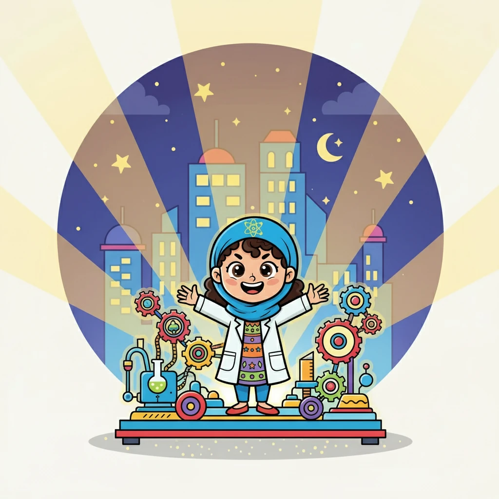 أخيرًا، نجحت نور في تجميع الآلة! أضاءت الآلة المدينة بأكملها، وأظهرت للجميع كيف يمكن للعلم أن يغير العالم. أدركت نور أن العلم هو نور المعرفة، وأن الفضول هو مفتاح الاكتشاف.