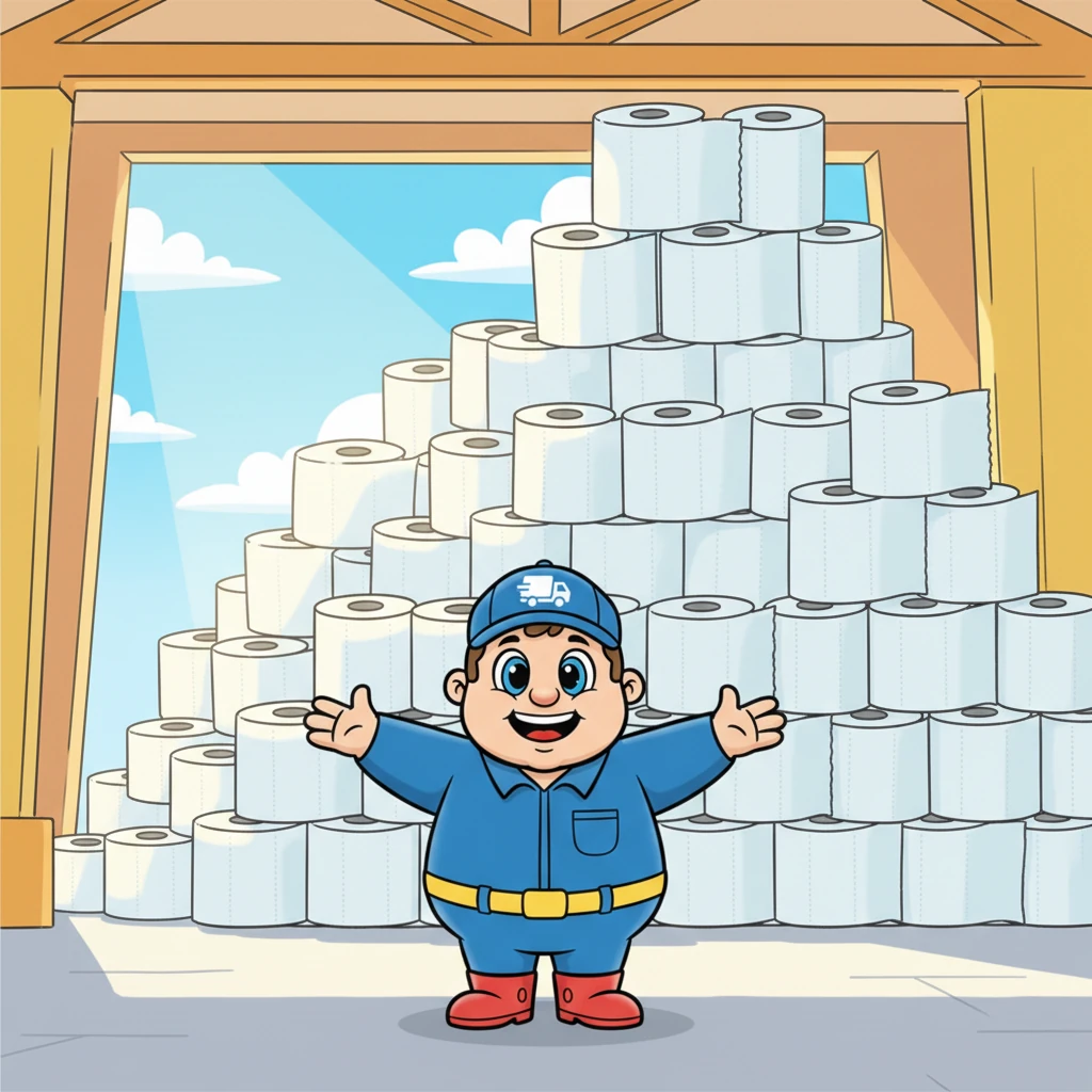 Bart staat trots voor het enorme magazijn van Huijbtrex B.V. Achter hem stapelen gigantische rollen toiletpapier zich op tot aan het plafond, als zachte, witte wolkenbergen. De zon schijnt vrolijk en Bart glimlacht breed, klaar voor een nieuwe dag vol avonturen. Dit is zijn koninkrijk, waar elke rol telt!