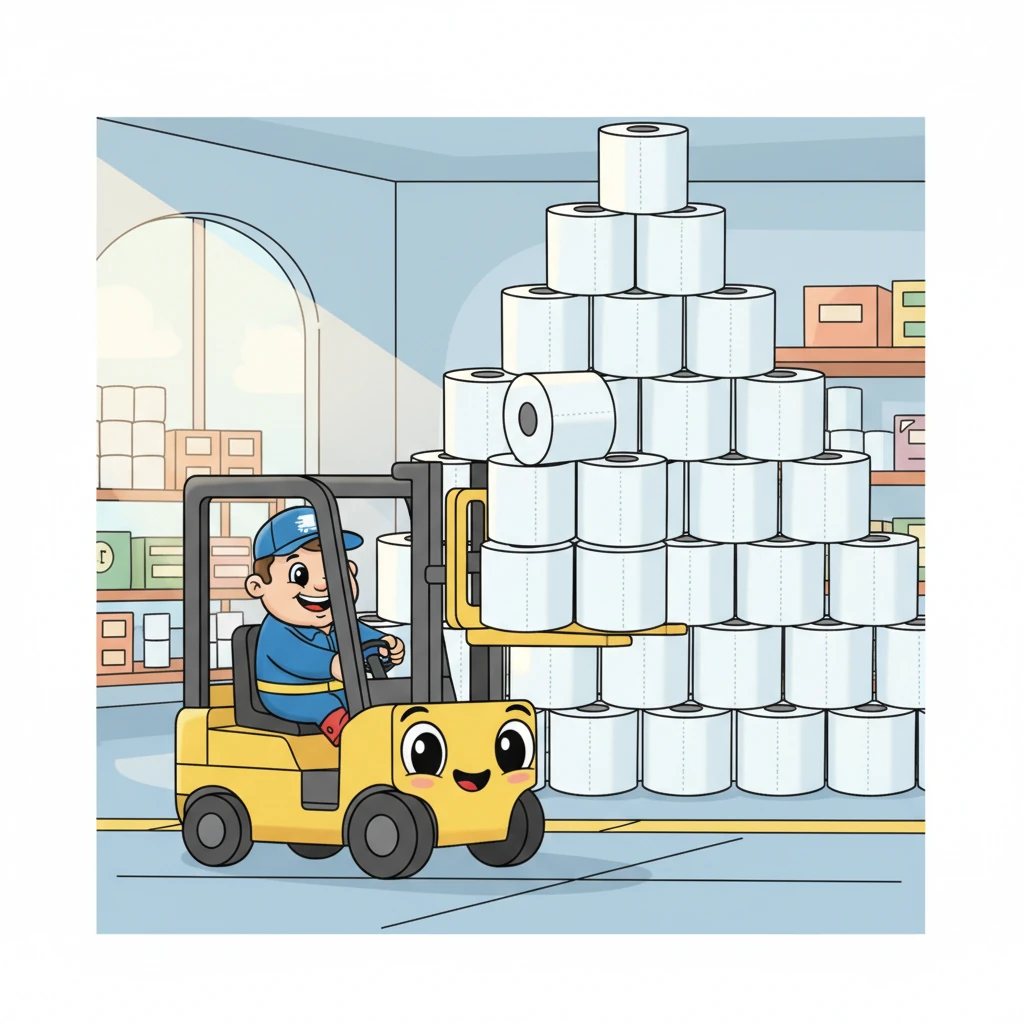 Bart zoeft behendig rond op zijn vrolijk gekleurde heftruck, die bijna net zo vrolijk lijkt te lachen als hijzelf. Hij tilt moeiteloos een toren van toiletpapier op en plaatst deze voorzichtig op een andere stapel. Zijn werk is belangrijk, want iedereen heeft zacht toiletpapier nodig, toch?