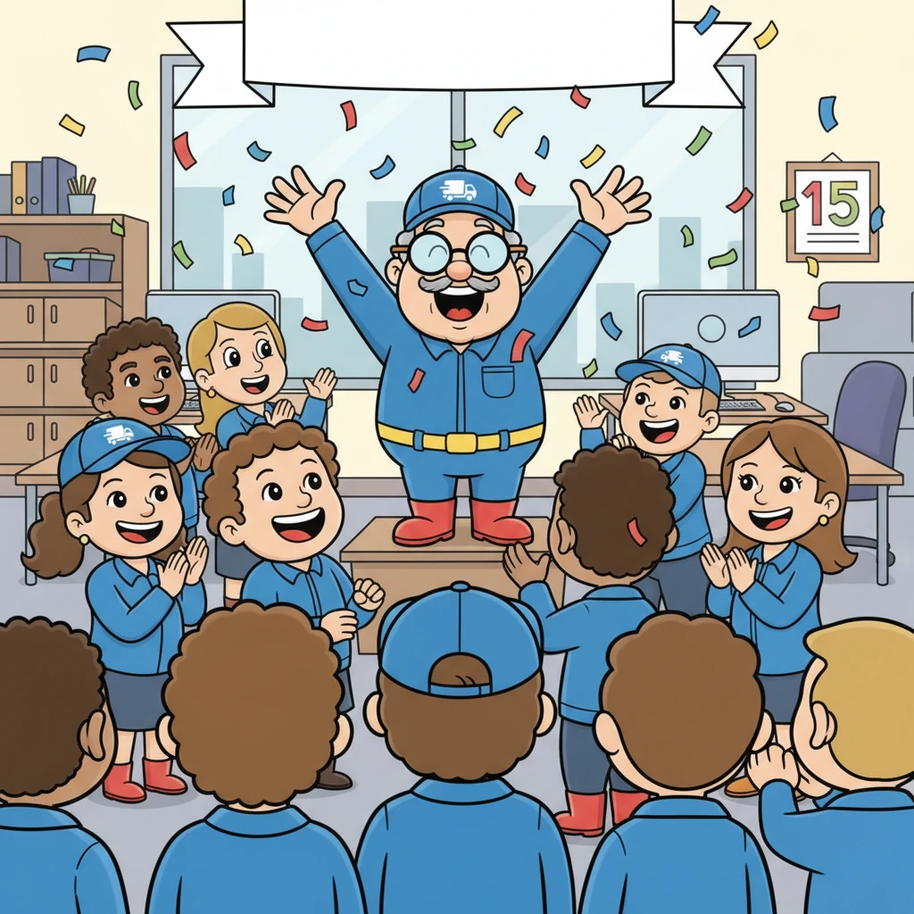 Op een ochtend, tijdens de dagelijkse briefing in het bruisende kantoor, kondigt de baas met een luide stem aan: "Huijbtrex B.V. bestaat 15 jaar!" Overal klinkt gejuich en applaus, en kleurrijke confetti dwarrelt door de lucht. Het hele team is opgewonden over het grote feest dat komen gaat.