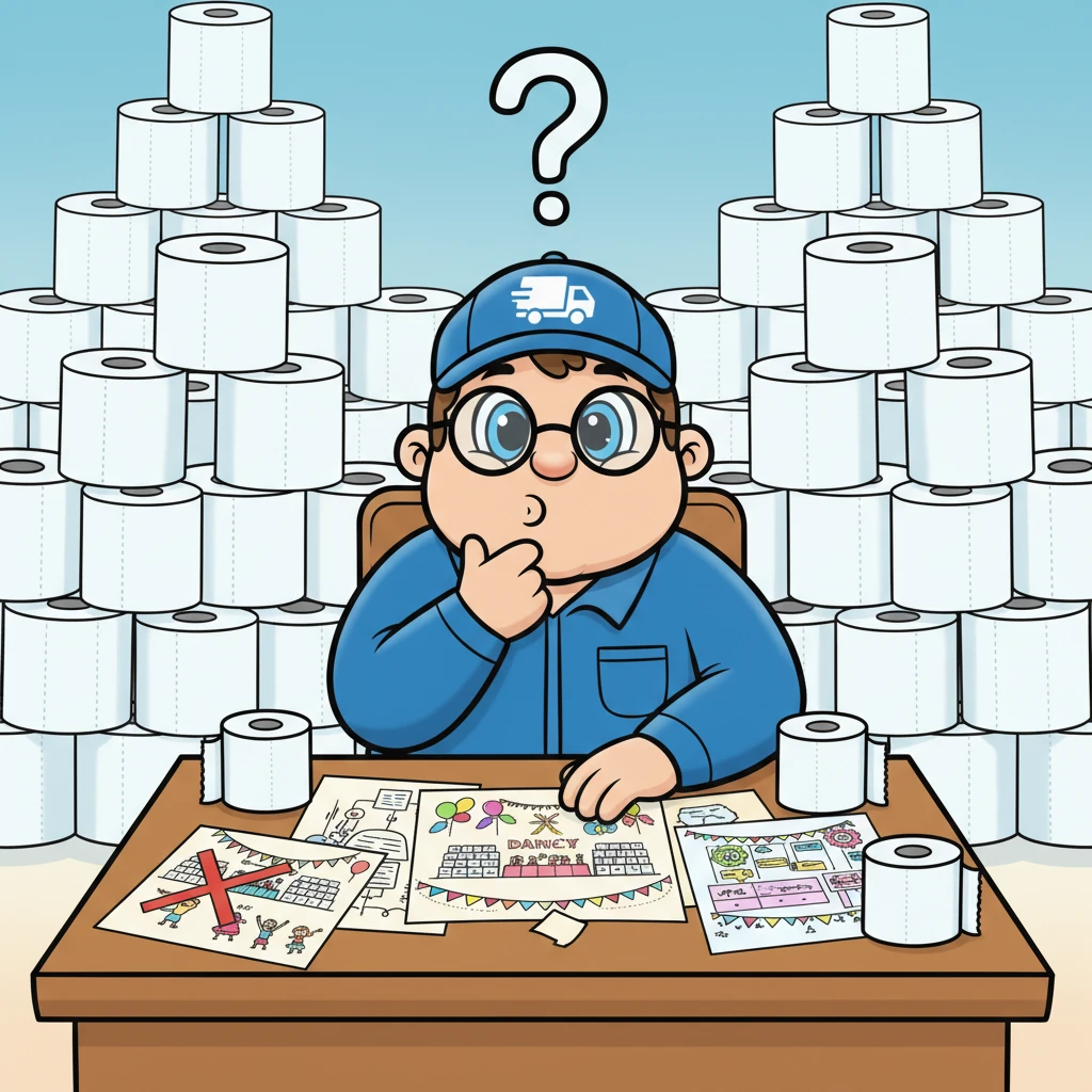 Bart zit aan zijn bureau, omringd door vrolijke tekeningen en schema's, en krabt zich op zijn kin. Hoe kunnen ze dit 15-jarig jubileum onvergetelijk maken? Hij droomt van een groot feest in het magazijn, maar daarvoor moet al dat toiletpapier eerst verplaatst worden. Hij heeft een briljant idee!