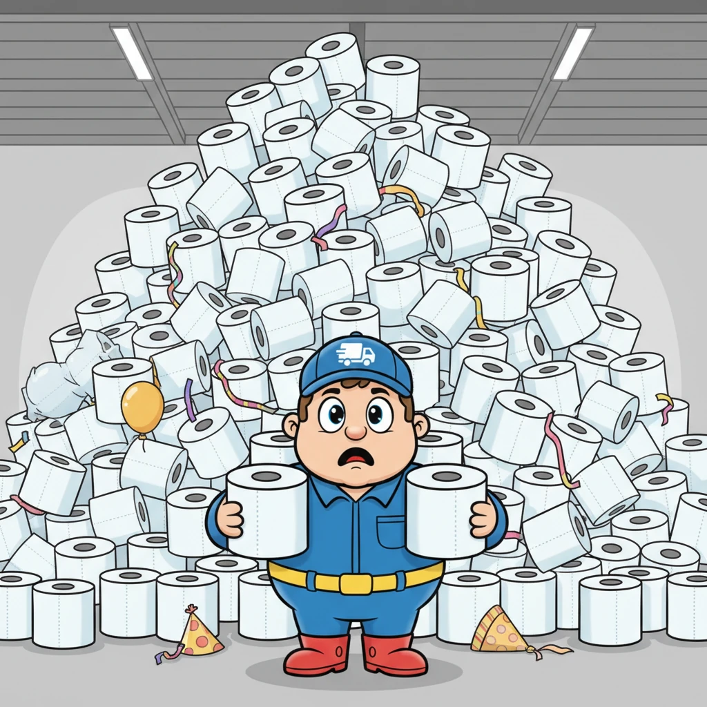 Opeens komt er een enorme spoedbestelling binnen: honderden extra rollen toiletpapier moeten opgeslagen worden, precies waar het feest zou moeten zijn! Bart's ogen worden groot, en zijn vrolijke glimlach verandert even in een zorgelijke frons. Hoe kunnen ze nu én het toiletpapier opslaan én feestvieren?