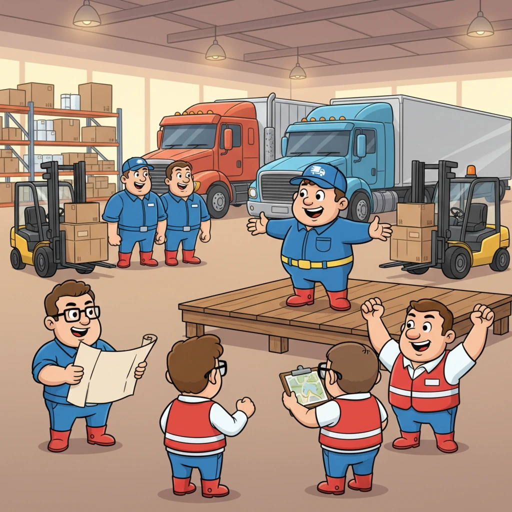 Bart verzamelt zijn dappere team: de snelle vrachtwagenchauffeurs met hun glimmende trucks, de slimme planners met hun kaarten, en de sterke heftruckbestuurders. "Samen krijgen we dit voor elkaar!" roept hij met een aanstekelijk enthousiasme. Iedereen knikt vastberaden, klaar voor de uitdaging.