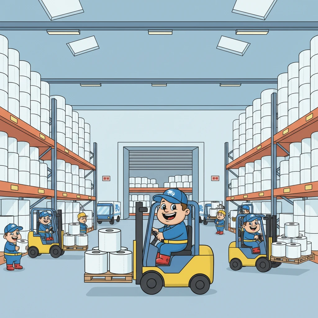 Met een georganiseerde chaos van vrolijkheid rijden de heftrucks heen en weer, terwijl de vrachtwagens af en aan rijden. Gigantische stapels toiletpapier worden met precisie en een lach verplaatst naar een nieuw, supergroot opslaggedeelte. Het is een ballet van machines en mensen, allemaal werkend als één team.