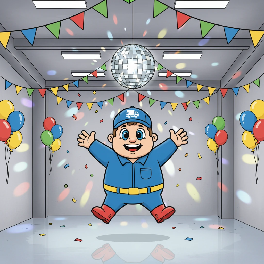 Na veel hard werken en teamwork is het magazijn leeg en schoon, klaar voor de transformatie! Kleurrijke slingers, ballonnen en een glimmende discobal verschijnen als bij toverslag. De ruimte, die eerst vol stond met toiletpapier, is nu veranderd in een sprankelende feestzaal. Wat een metamorfose!