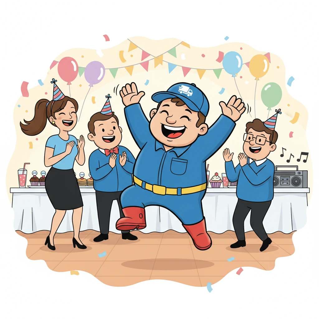 Het 15-jarig jubileumfeest is in volle gang! Bart danst vrolijk met zijn collega's, terwijl overal gelach en muziek klinkt. Er zijn heerlijke hapjes, feestelijke drankjes en iedereen viert de successen van Huijbtrex B.V. samen. Bart voelt zich zo blij als een kind op een verjaardagsfeestje.