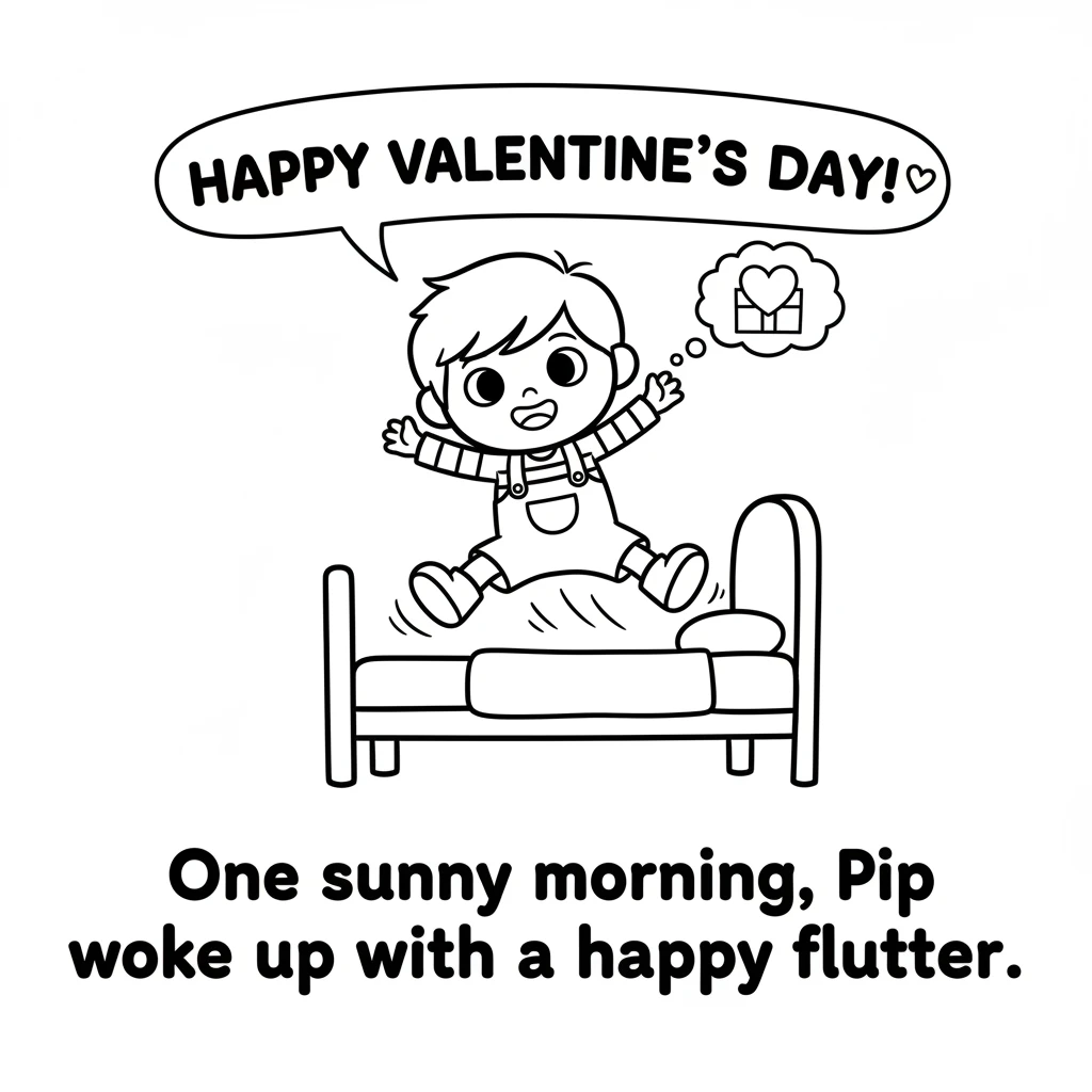 One sunny morning, Pip woke up with a happy flutter. It was Valentine's Day! Pip bounced out of bed, excited to make something special for friends.
