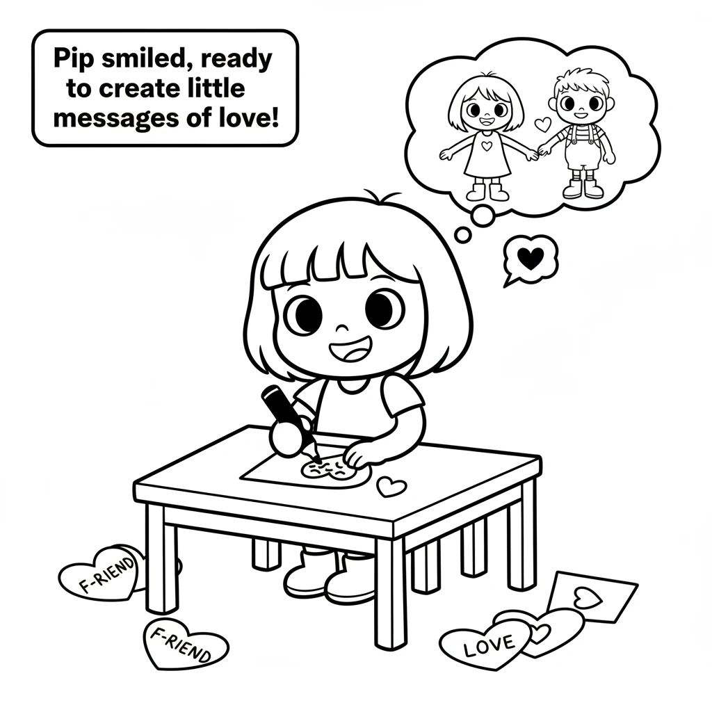 Pip thought about all the wonderful friends. A perfect idea sparked: handmade valentine cards! Pip smiled, ready to create little messages of love.