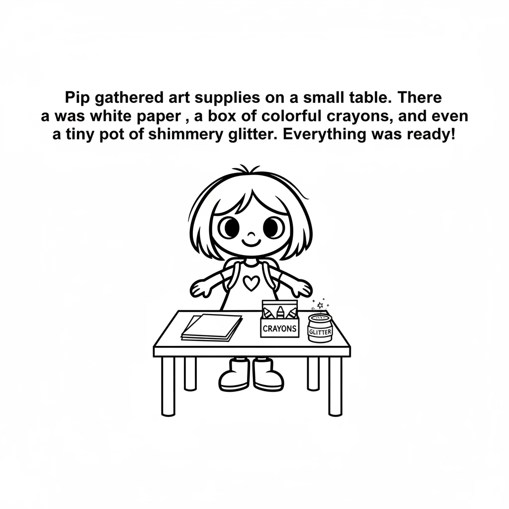 Pip gathered art supplies on a small table. There was white paper, a box of colorful crayons, and even a tiny pot of shimmery glitter. Everything was