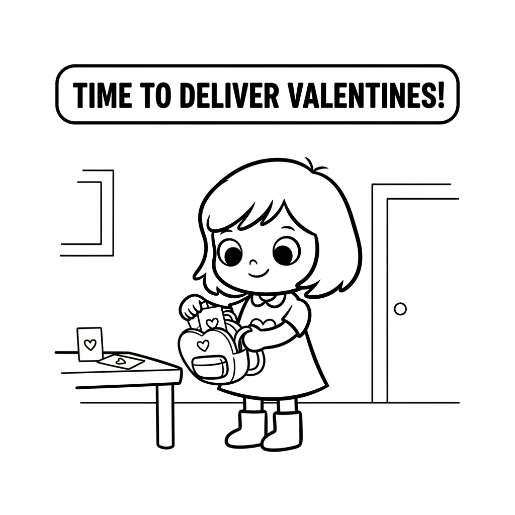 With a stack of finished cards, Pip put them gently into a small, heart-shaped backpack. It was time to deliver the valentines around the neighborhood