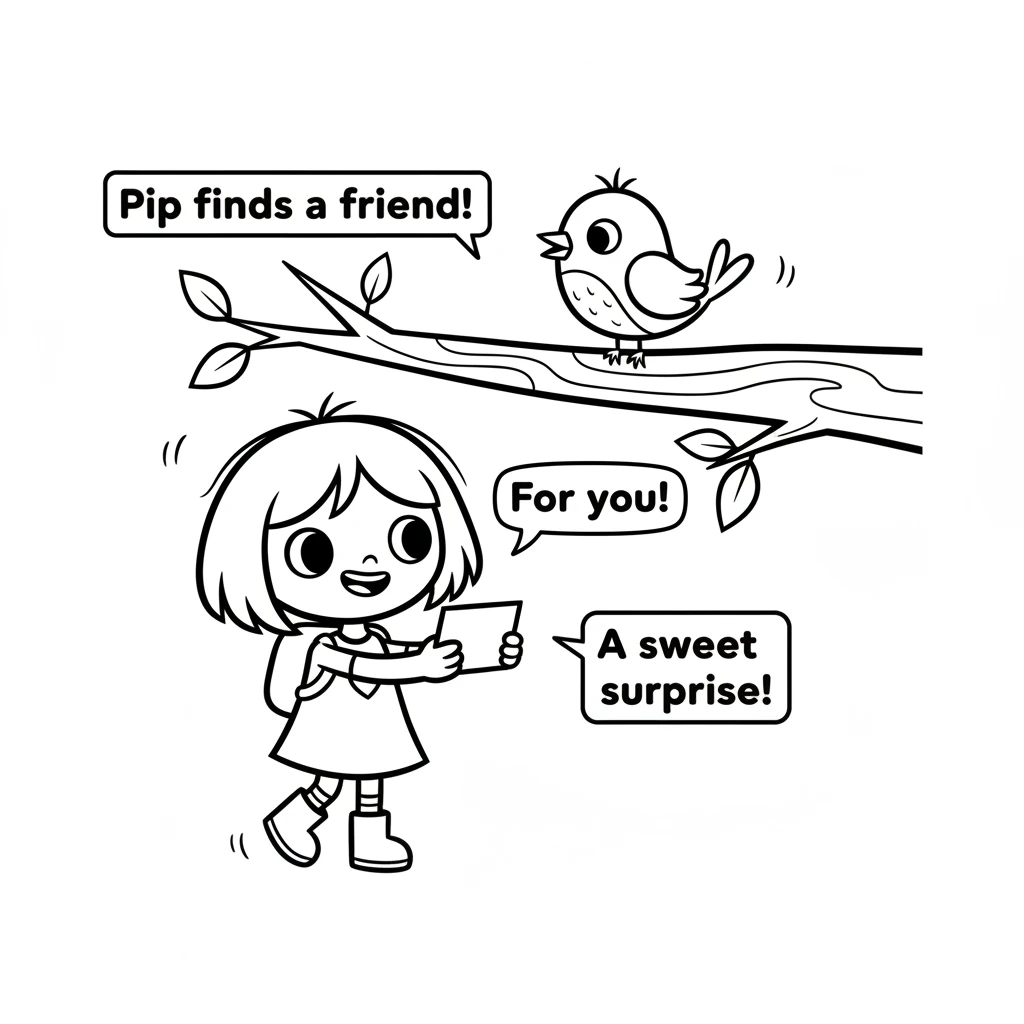 First, Pip found a chirpy bird friend perched on a branch. Pip offered a card, and the bird friend tilted its head, happy to receive the sweet surpris
