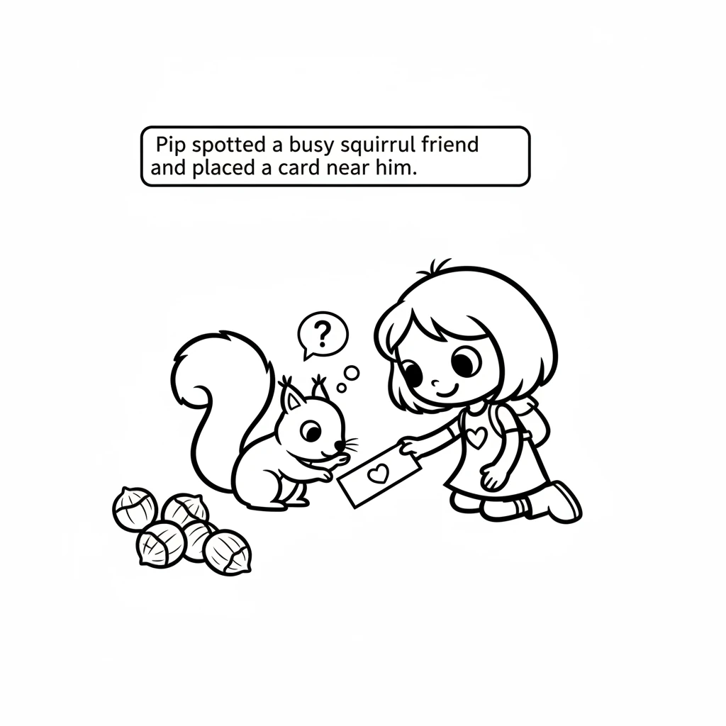 Next, Pip spotted a busy squirrel friend collecting nuts. Pip carefully placed a card near the squirrel, who paused its work to sniff the paper with c