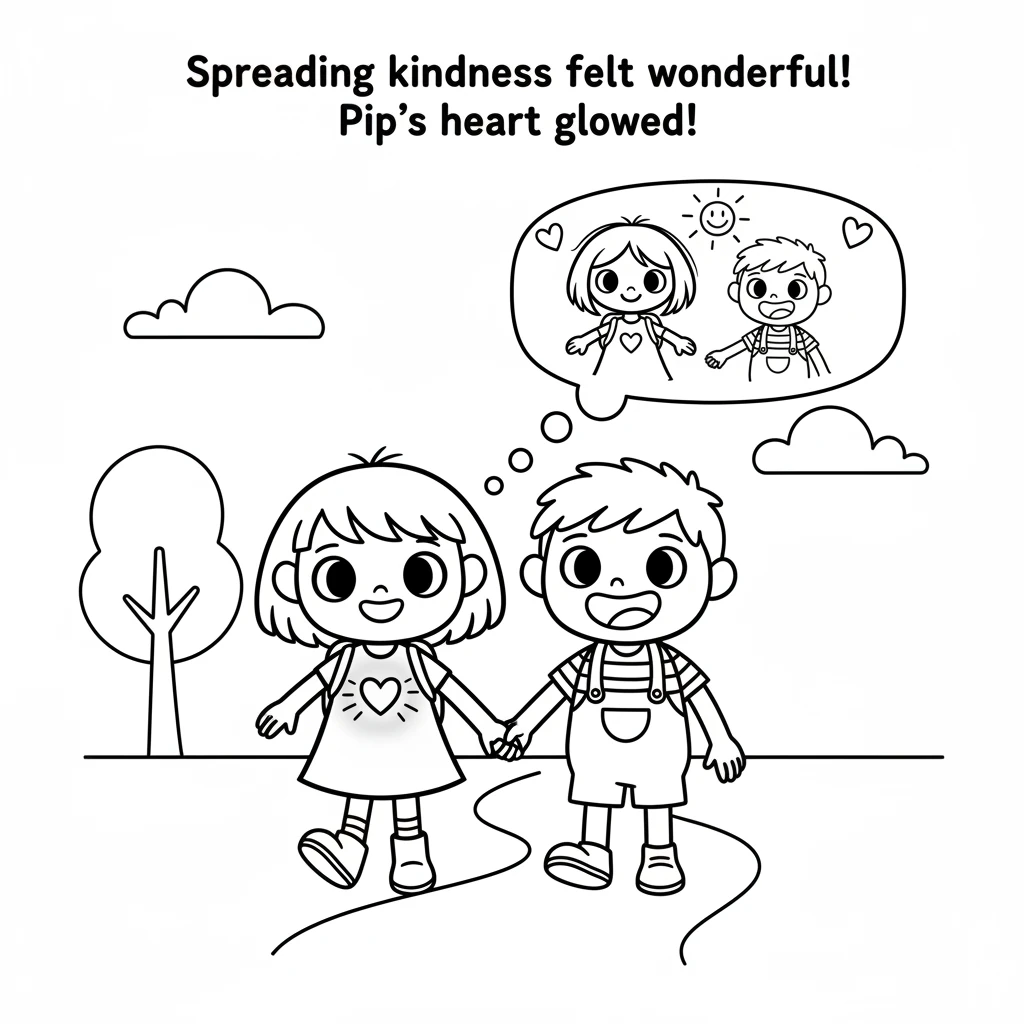 As Pip walked, a warm feeling grew inside. Spreading kindness and making friends smile felt truly wonderful and made Pip's own heart glow.