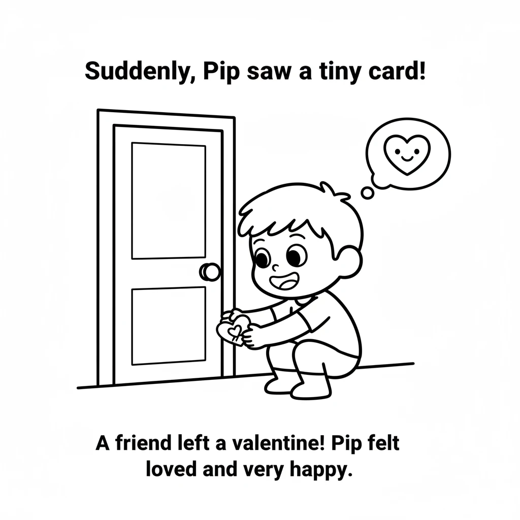 Suddenly, Pip saw a tiny card waiting by the door! A friend had left a valentine for Pip. Pip picked it up, feeling loved and very, very happy.
