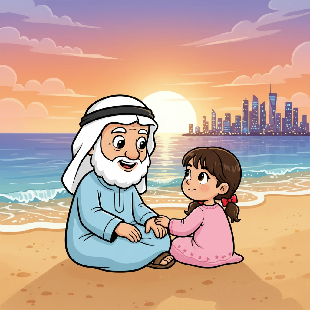 ليلى وجدها حسن يجلسان على رمال شاطئ البحرين الدافئة عند الغروب. أضواء المدينة الحديثة تتلألأ في الأفق، تنعكس ببهجة على صفحة الماء الهادئة. الأمواج تهمس بلطف، وتملأ الأجواء بالسلام والراحة. ليلى تنظر إلى جدها بفضول كبير.