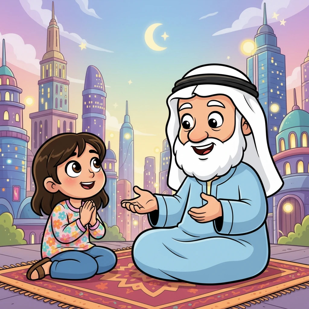 تلتفت ليلى إلى جدها حسن، وعيناها الواسعتان تلمعان بالأسئلة. تسأله بحماس عن كيف كانت الحياة في زمنه، وهل كانت مختلفة عن عالمها المليء بالأضواء والأبراج الشاهقة. جدها يبتسم بحنان، يستعد ليروي لها حكايات الماضي.